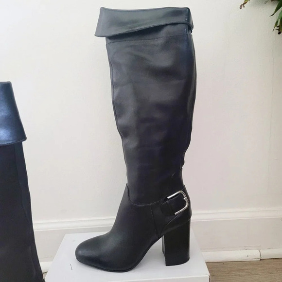 Vince Camuto Black Sidney Leather Block Heel Tall Knee High Buckle Boots 8.5 - Picture 6 of 16